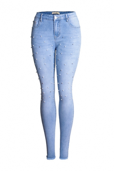 Light Blue New Stylish Beading Embellished Stretch Fit Slim Fit Jeans for Women