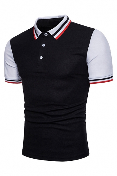 Men's Stylish Contrast Trim Tipped Collar Striped Shoulder Short Sleeve Slim Fit Polo Shirt