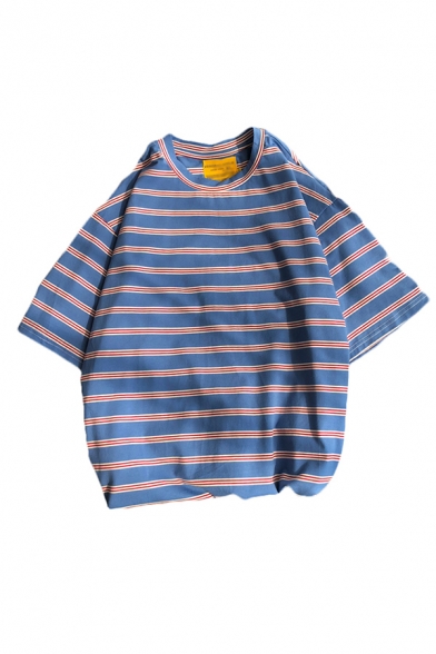 Mens Leisure Tee Top Striped Print Relaxed Fitted Round Neck Half Sleeve Tee Top