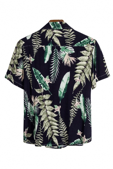 Mens Shirt Stylish Fern Banana Leaf Flower Printed Button up Spread Collar Short Sleeve Regular Fit Shirt