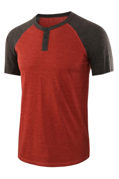 Mens Trendy Button Round Neck Color Block Short Sleeve Fitted Henley Shirt
