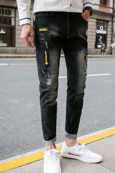 New Fashion Embroidery Patched Stretch Skinny Black Ripped Jeans for Men