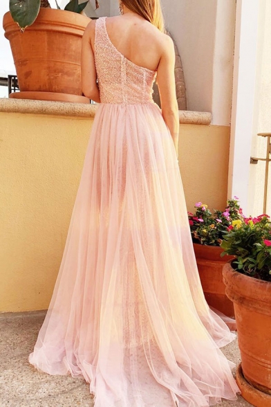 Novelty Womens Sheer Mesh Patchwork One Shoulder Sleeveless Floor Length Fit&Flare Gown in Pink