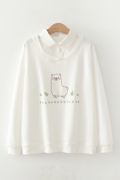 Popular Girls Japanese Letter Sheep Graphic Long Sleeve Patched Contrasted Polo Collar Relaxed Pullover Sweatshirt