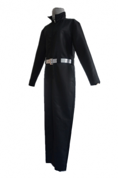 Popular Guys Long Sleeve Stand Collar Zip Up Belted Long Straight Black Jumpsuit with Scarf