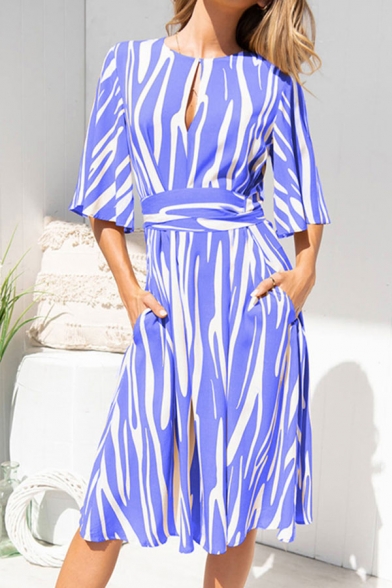 Popular Stripe Printed Half Sleeve Boat Neck Cut out Bow Tied Waist Mid A-line Dress for Women