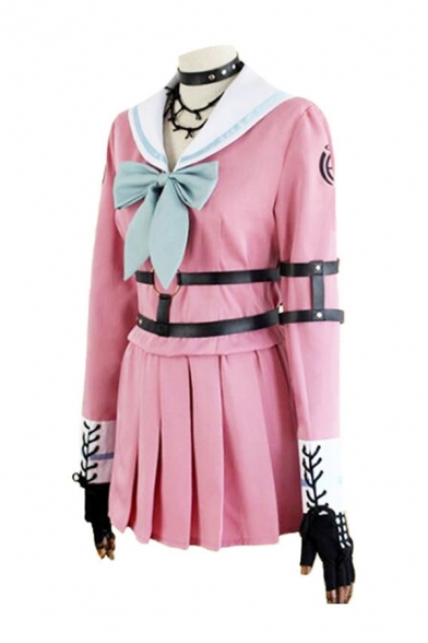Pretty Girls Leather Straps Long Sleeve Contrasted Bow Sailor Collar Fit Top & Mini Pleated Skirt Co-ords in Pink