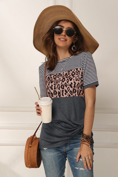 Retro Stripe Leopard Print Patchwork Color Block Contrast Trim Short Sleeve Crew Neck Regular Fit T-Shirt for Women