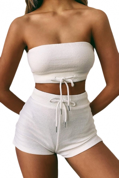 Sexy Ladies Solid Color Strapless Drawstring Cropped Tube & Slim Fit Shorts Set