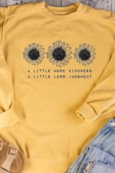 Simple Sunflower Letter A Little More Kindness Graphic Long Sleeve Crew Neck Relaxed Pullover Sweatshirt