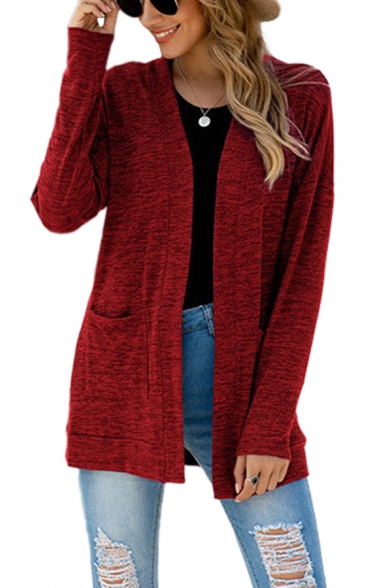 Simple Womens Space Dye Two-Pocket Long Sleeve Open Front Oversized Tunic Cardigan Coat