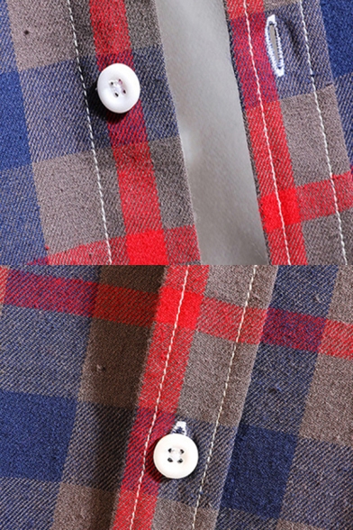 Stylish Mens Shirt Plaid Pattern Pocket Button up Long Sleeve Button-down Collar Regular Fitted Shirt