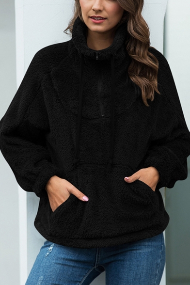Trendy Solid Color Half-Zip Stand Collar Drawstring Kangaroo Pocket Long Sleeve Relaxed Fit Plush Pullover Sweatshirt