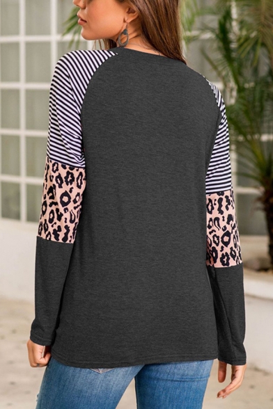 Trendy Womens Stripe Leopard Printed Long Sleeve Crew Neck Twist Hem Relaxed Tee Top