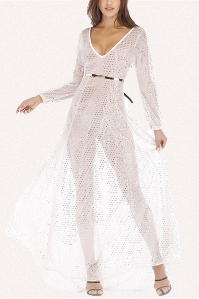 Unique Sequins Decoration See-through Mesh Long Sleeve V-neck Maxi Pleated Flowy Dress in White