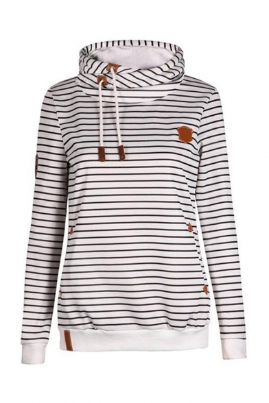 Women's Leisure Striped Pattern Funnel Neck Long Sleeve Thick Drawstring Hoodie