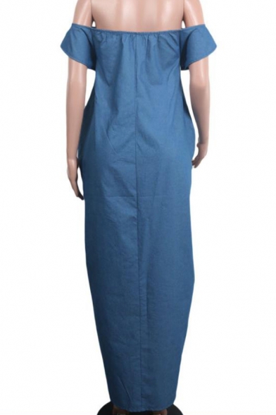 Basic Simple Plain Off The Shoulder Short Sleeve Split Side Maxi Nightclub Shift Dress for Women