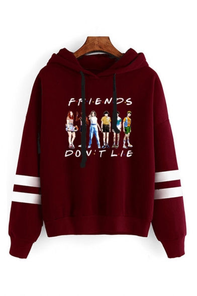 Cartoon Letter Friends Graphic Varsity Striped Long Sleeves Drawstring Loose Fit Fashionable Hoodie in Black