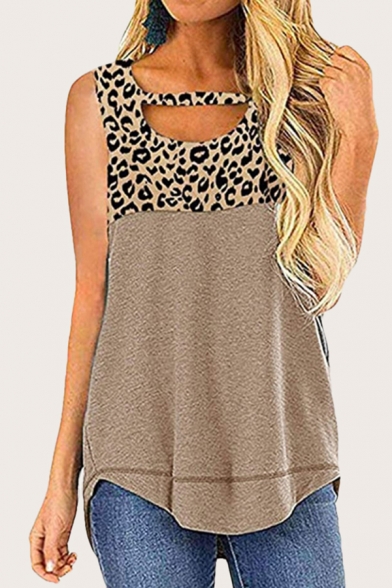 Casual Womens Leopard Print Round Neck Cut out Patchwork Curved Hem Relaxed Fit Tank Top