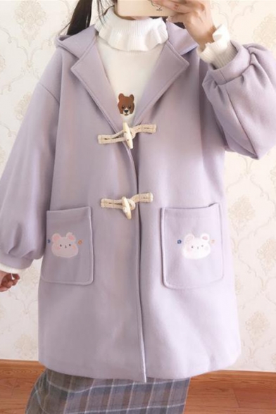 Cute Peter Pan Collar Balloon Sleeves Button-Down Woolen Quilted Coat with Pockets & Bows