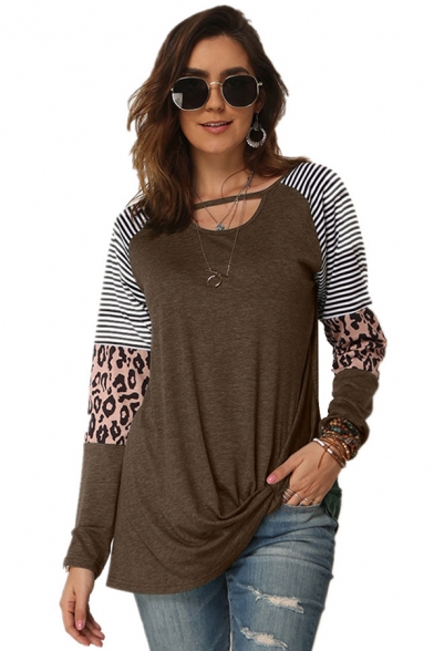 Daily Stripe Leopard Print Patchwork Keyhole Neckline Long Sleeve Regular Fit T-Shirt for Women