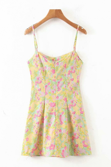 Fancy All Over Floral Printed Spaghetti Straps Bow Panel Short A-line Slip Dress in Yellow