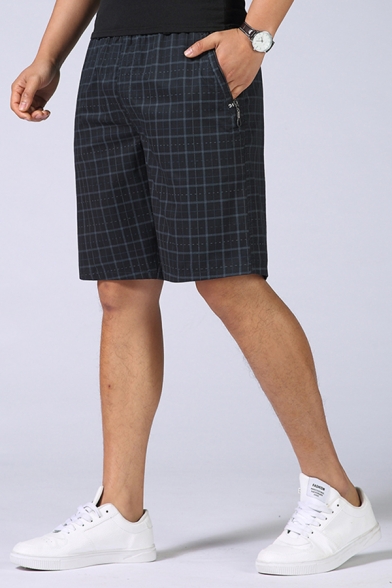 Fancy Mens Shorts Checked Pattern Pocket Zipper Applique Elastic Mid Rise Regular Fitted Shorts