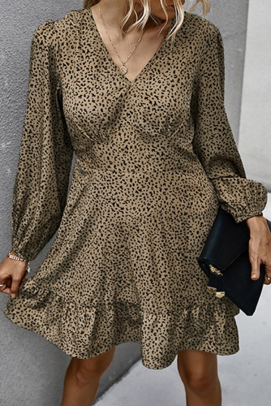 Fashionable Leopard Printed Gathered Waist Ruffle Hem V Neck Bishop Long Sleeve Mini A-Line Dress for Women