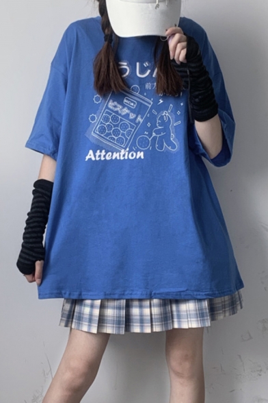 Japanese Letter Bear Graphic Short Sleeve Crew Neck Cool Loose Fit Long T Shirt for Women