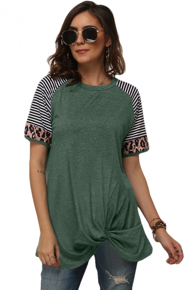 Lounge Stripe Leopard Print Trim Twist Front Short Sleeve Round Neck T-Shirt for Women