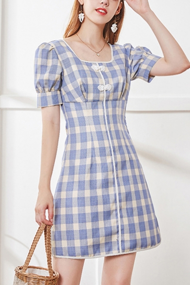 Lovely Checkered Printed Puff Sleeve Square Neck Frog Button Slit Sides Short A-line Dress in Purple