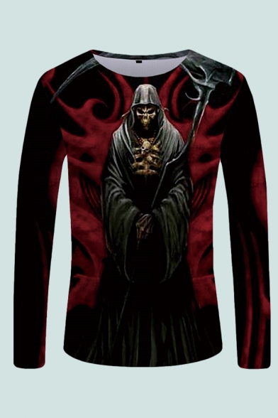 Mens 3D T-Shirt Creative Reaper Scythe Pattern Crew Neck Long Sleeve Slim Fitted T-Shirt