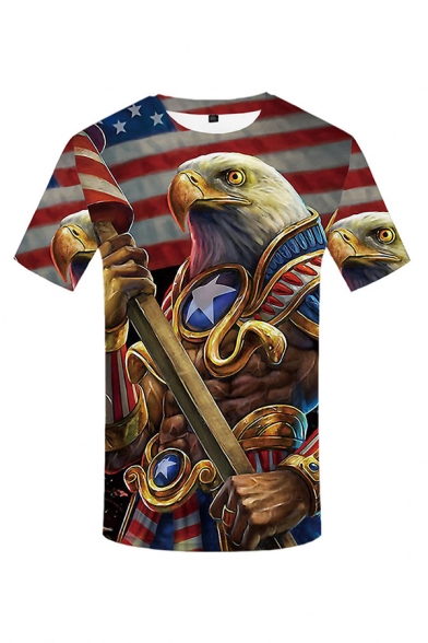 Mens 3D T-Shirt Stylish Eagle Armor American Flag Pattern Slim Fit Short Sleeve Round Neck T-Shirt
