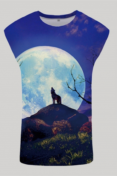 Mens Cozy 3D Tank Top Animal Wolf Moon Rock Pattern Round Neck Sleeveless Regular Fitted Tank Top
