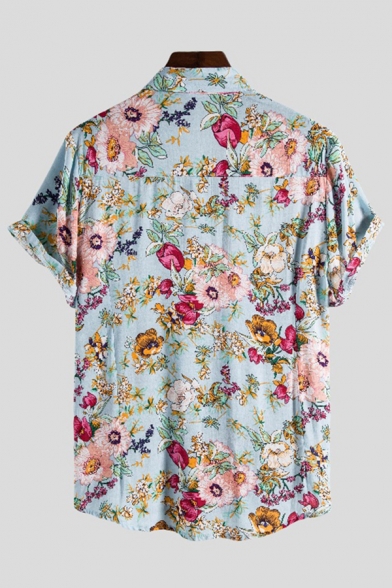 Mens Fancy Shirt Mixed Flowers Leaf Print Spread Collar Short Sleeve Fitted Shirt