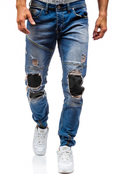 New Fashion Zip Side Embellished Pleated Knee Patched Elastic-Cuff Slim Fit Jeans for Guys