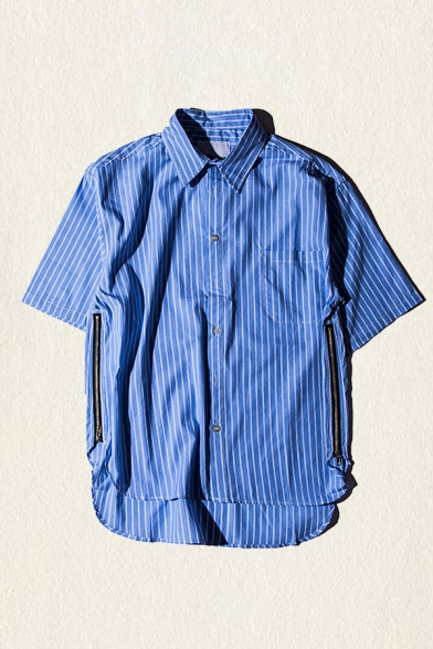 Novelty Mens Shirt Striped Printed Chest Pocket Zipper Embellished Button up Point Collar Short Sleeve Regular Fit Shirt