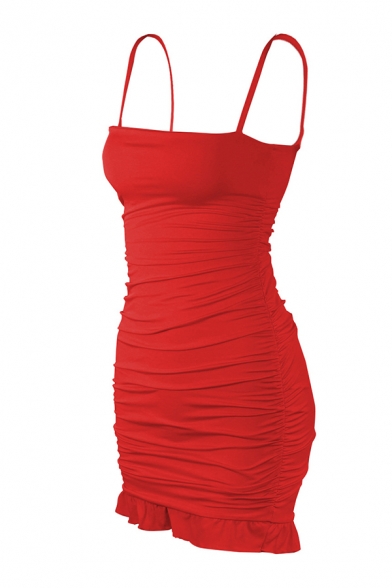 Novelty Womens Solid Color Ruched Ruffle Hem Backless Spaghetti Straps Sleeveless Mini Bodycon Cami Dress
