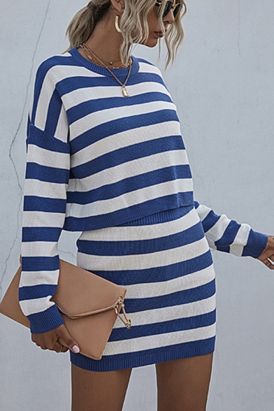 Popular Stripe Printed Long Sleeve Crew Neck Relaxed Crop T Shirt & Mini Sheath Skirt Set in Blue