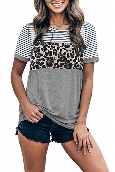 Popular Striped Leopard Print Color Block Round Neck Short Sleeve Regular Fit T-Shirt for Women