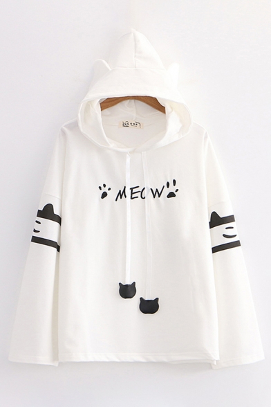 Preppy Girls Letter Meow Cat Graphic Long Sleeve Drawstring Loose Fit Ears Hoodie
