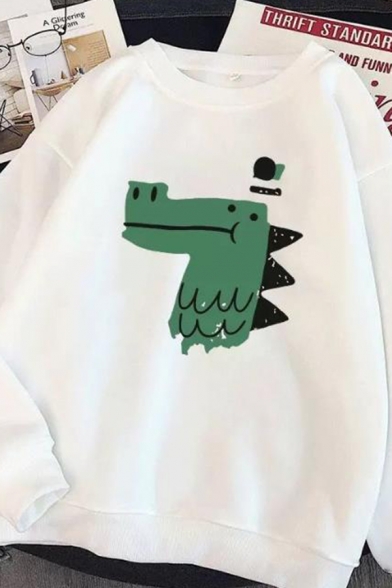 Preppy Looks Long Sleeve Crew Neck Dinosaur Printed Loose Fit Pullover Sweatshirt for Women
