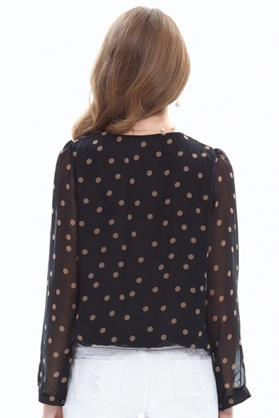 Pretty Polka Dot Printed Sheer Chiffon Long Sleeve Round Neck Ruched Relaxed Fit T-shirt in Black