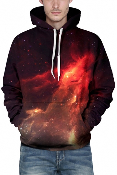 Simple 3D Hooded Sweatshirt Galaxy Nebula Pattern Pocket Drawstring Long Sleeve Regular Fitted Hoodie for Men