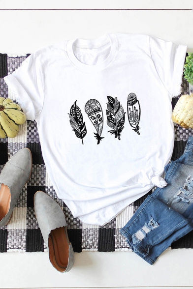 Simple Girls Leaf Printed Rolled Short Sleeve Crew Neck Fitted T Shirt