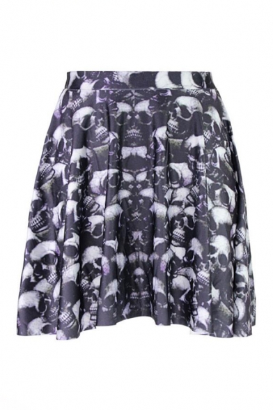 Skulls Print Elastic Waist Mini Flared Skirt