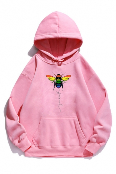 Stylish Bee Graphic Long Sleeve Pouch Pocket Loose Fit Hoodie