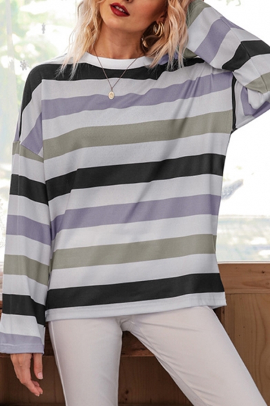 Malbaba Womens Stripe Sleeve T-Shirt,Loose Long Sleeve Patchwork Casual Top Blouse 