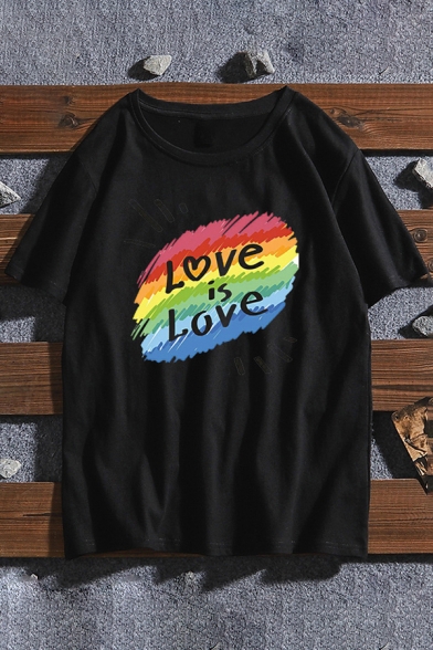 Trendy Letter You Are You Rainbow Pattern Short Sleeve Round Neck Loose Fit Tee Top in Black