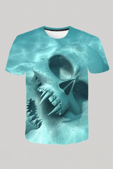 Trendy Mens 3D T-Shirt Skull Underwater Sand Pattern Regular Fit Short Sleeve Crew Neck Top Tee